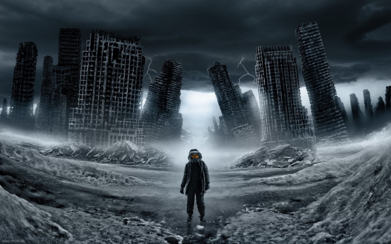 ruin, 1080P, lightning, Romantically Apocalyptic, gas masks, science fiction, Vitaly S Alexius