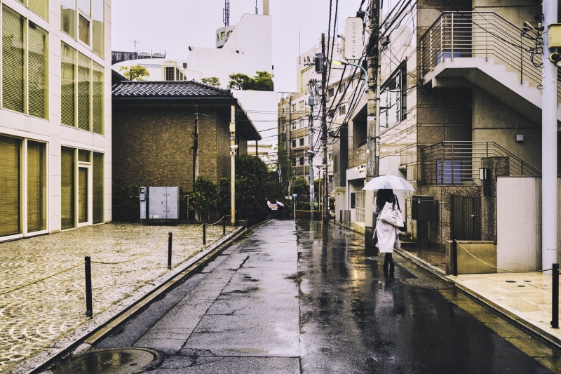 human, built structure, one person, town, rain, apparel, building exterior, pedestrian, day, building, walking, tokyo, outdoors, wet, 8K, real people