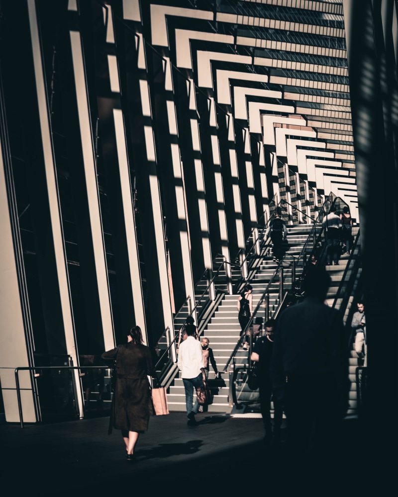 banister, adult, lifestyles, group, stairs, design, photo, men, walking, handrail, clothing, person, crowd, building, city, arts culture and entertainment