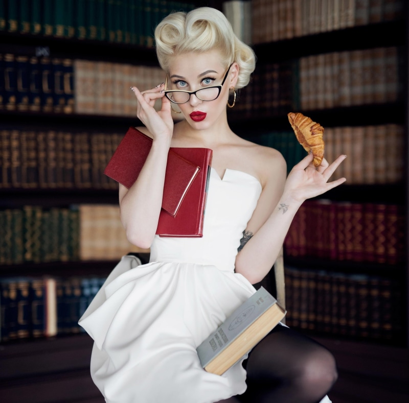 Advertising, Blonde, beauty, women, young adult, Girl, Woman, publication, Clothing, croissant, eyeglasses, Girls, clothes, book, three quarter length