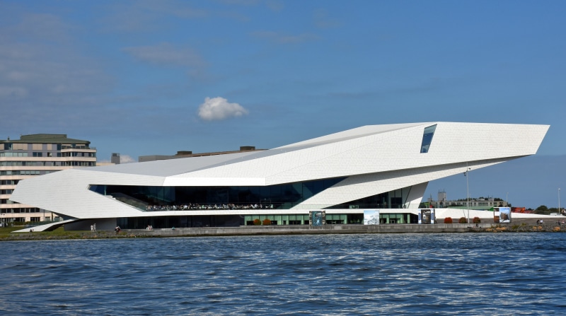outdoors, holland, built structure, waterfront, blue, amsterdam, art, modern, museum, day, netherlands, city, nature, water, sunlight, film museum, architecture