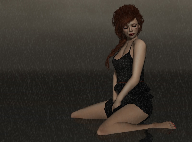 Rain, hair, floor, 3D, young women, 4K, Artistic, young adult, adult, clothing, sitting, dress, black, one person, Truth, full length, fashion, women
