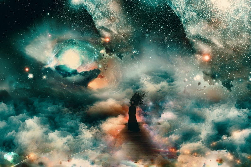 galaxy, clouds, dusk, men, motion, mystery, astronomy, beauty in nature, space art, illuminated, night, women, sky, star - space, real people, nature, sadness