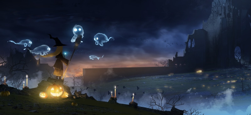 clouds, 4K, trees, witch hat, night, hat, water, Halloween, witch