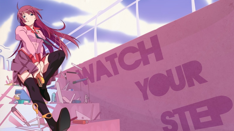 women, outdoors, Monogatari Series, Senjougahara Hitagi, sunlight, western script, pink color, city, nature, architecture, low angle view, purple, sign
