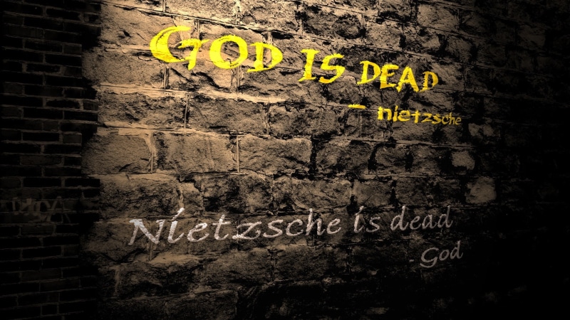 outdoors, message, no people, text, non-western script, cordon tape, sign, god friedrich nietzsche quote, script, capital letter, warning sign, wall, graffiti