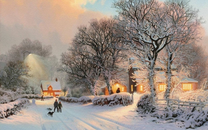 snow, seasons, thomas, artwork, nature, kinkade, paintings, 1080P, hd, Winter, art, Trees