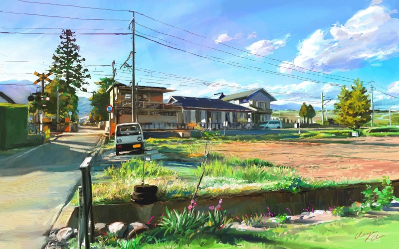 kei, white, Art, van, Japan, 1080P, Painting, Landscape, Village