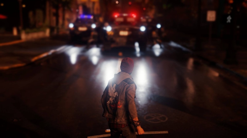 night, focus on foreground, video games, city street, street, architecture, law, city life, full length, government, Infamous: Second Son, one person, standing