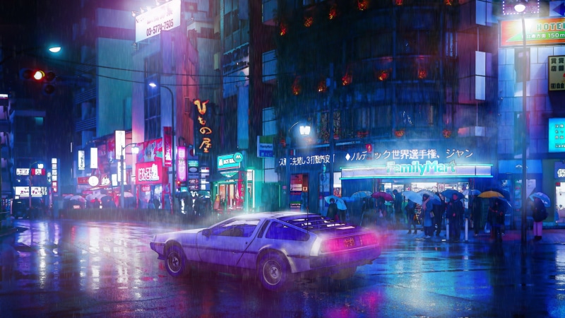 orange, light pink, rain, people, street art, white, car, black, 4K, Cyberpunk 2077, neon lights, light blue, neon