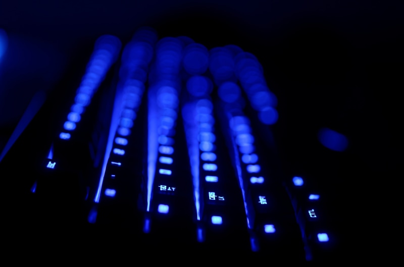 control panel, dark keyboard, studio, electricity, light, audio equipment, illuminated, blue, Computer, arts culture and entertainment, mixing, key, black background
