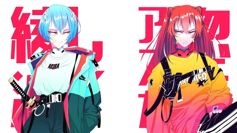 Neon Genesis Evangelion, Ayanami Rei, Nike, Vinne, blue hair, Asuka Langley Shikinami, anime girls, Nerv, anime, katana, redhead, short hair, Asuka Langley Soryu