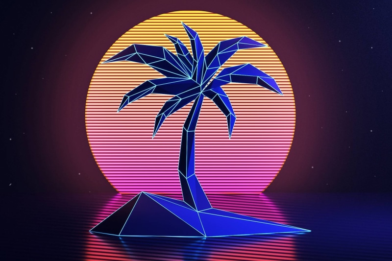 multi colored, studio shot, nature, coconut, no people, glowing, geometric shape, tree, vibrant color, creativity, purple, blue, palm trees, pink color