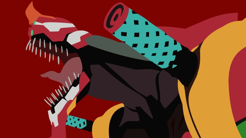 EVA Unit 02, leisure activity, red, indoors, design, 2K, creativity, close-up, silhouette, colored background, anime, representation, lifestyles, people