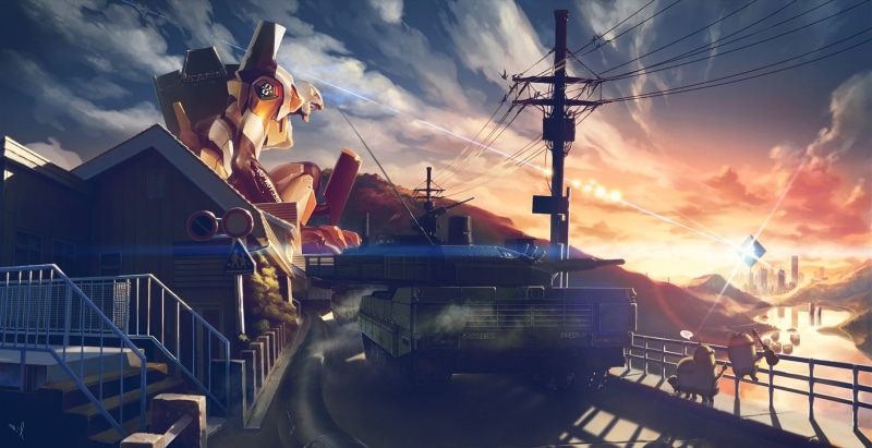 dramatic sky, power supply, sunset, architecture, minions tank neon genesis evangelion sunset eva unit 00, building, adult, sky, people, construction industry
