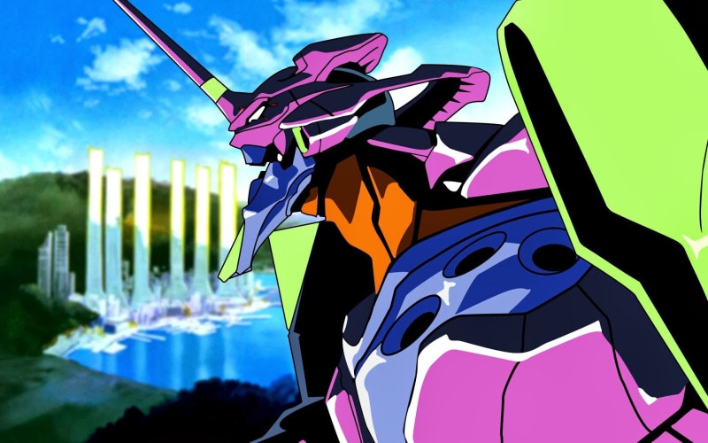 sunlight, anime, character, architecture, cloud - sky, no people, purple, creativity, EVA Unit 01, focus on foreground, built structure, art and craft