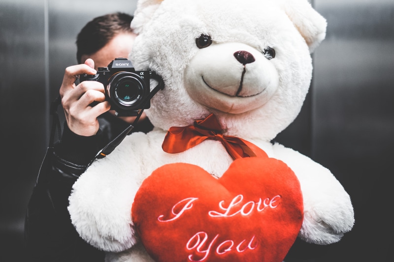 photographer, romantic, indoors, text, people, camera - photographic equipment, toy, couple, love, 4K, man, teddy, stuffed toy, feelings, one person, date