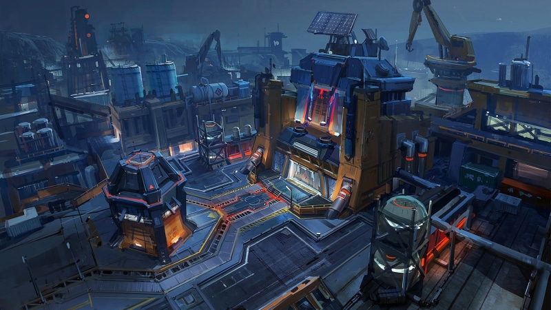 production line, 1080P, high angle view, digital art, black, science fiction, metal industry, architecture, machinery, technology, alloy, metal, illustration