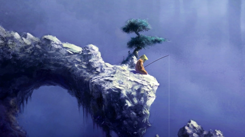 fantasy art, scenics - nature, fishing, sport, artwork, risk, solid, man, beauty in nature, Japan, one person, mountain, 1080P, adult, full length, standing