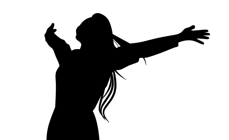 back lit, hand raised, dancing, arms, young adult, win, boss, wide, adult, three quarter length, one person, indoors, arm, success, care, 4K, silhouette