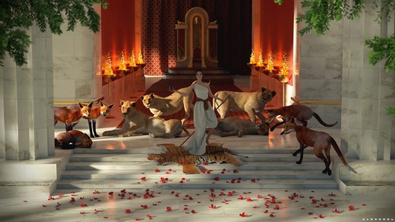 stairs, lion, palace, digital art, Daz 3D, The Odyssey, fire, marble, CGI, Greek Columns, fox, Circe, throne, Greek, render, Blender, 2K