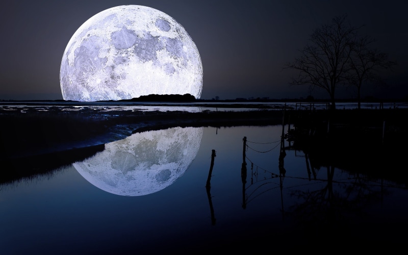 night, landscape, 2K, reflection, 3D, CGI, river, Moon, water, render, digital art, blue