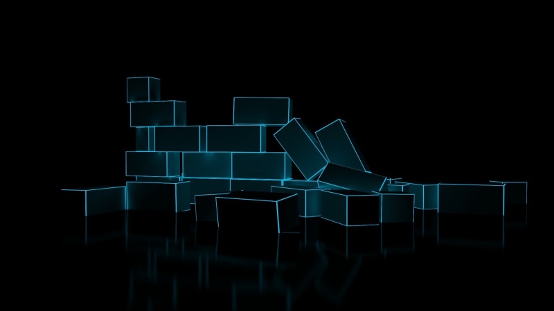 1080P, neon, black background, 3D, digital art, bricks, reflection, glowing, CGI, minimalism