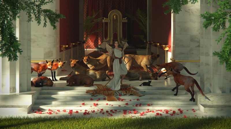 marble, Blender, 2K, fox, render, lion, rendering, Circe, Greek mythology, dog, plants, CGI, ancient greek, digital art, throne, palace