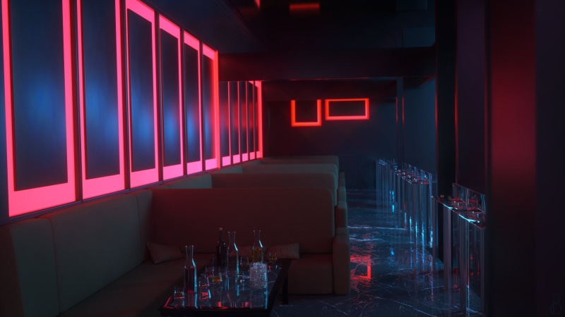 glowing, digital art, 3D graphics, light effects, Nightclub, 2K, couch, marble, alcohol, reflection, neon, ice cubes, glass, bottles