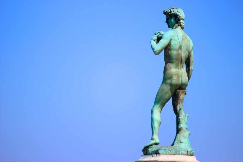 architecture, david, low angle view, bronze, art, nature, male likeness, 5K, memorial, green, sculpture, italy, copy space, history, representation, sky