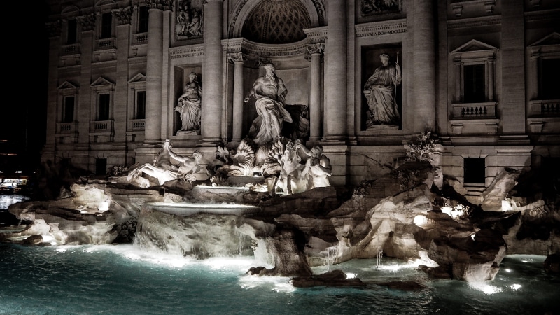 statue, flowing water, representation, waterfront, fontana di trevi, italy, night, water, fountain, rome, creativity, outdoors, built structure, male likeness