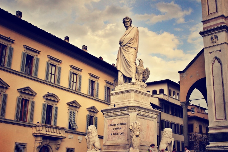 male likeness, dante statue, landmark, italy, famous Place, poet, building exterior, day, europe, creativity, tourism, dante alighieri, architecture, built structure