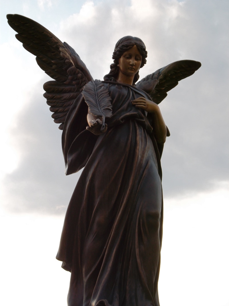 wings, history, human representation, god, day, low angle view, catholic, female likeness, black, outdoors, cloudy, holy, religious, church, death, creativity