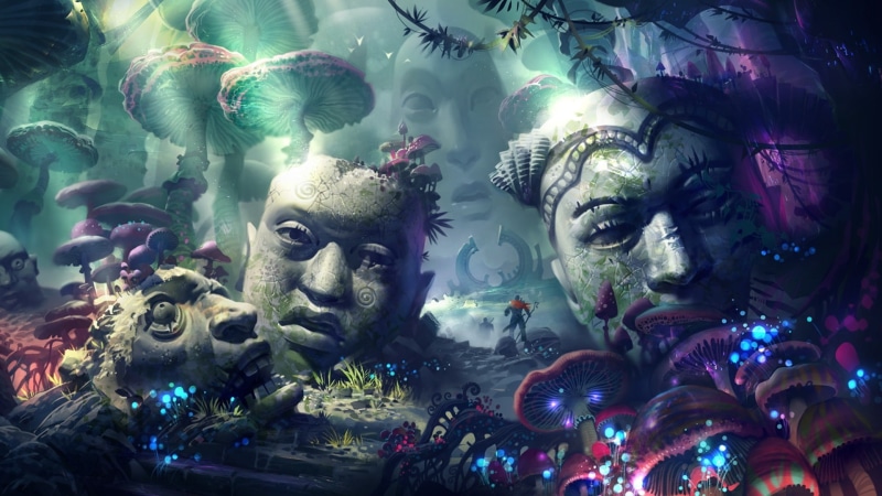 mushroom, warrior, sculpture, statue, psychedelic, 1080P, artwork, head, sun rays, fantasy art
