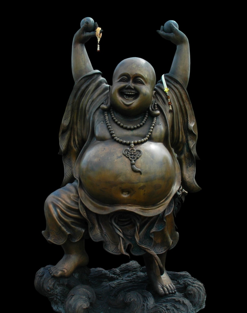 sculpture, no people, representation, 1080P, bronze, bronze statue, religion, history, indoors, close-up, statue, gold colored, Hotei, studio shot, dance