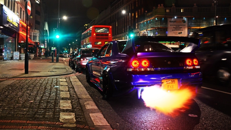 4K, pavement, nissan skyline, view, back, fire, nissan, street