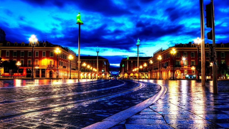 street light, nature, sky, outdoors, no people, track, dusk, illuminated, cloud - sky, night, built structure, street view, city, french riviera, night lights