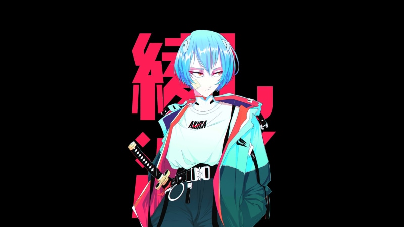 women with swords, black background, simple background, Akira, katana, Neon Genesis Evangelion, anime, blue jacket, short hair, aqua hair, anime girls