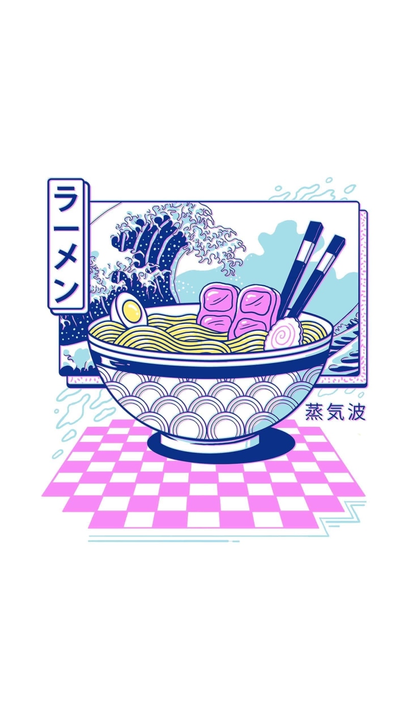 ramen, vaporwave, artwork, 2K, kanji, white background