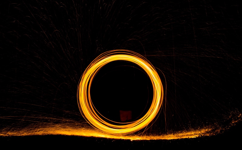 light painting, long exposure, photography, fire - natural phenomenon, spinning, night, nighttime, burning, fire, wire wool, orange color, time, swirl