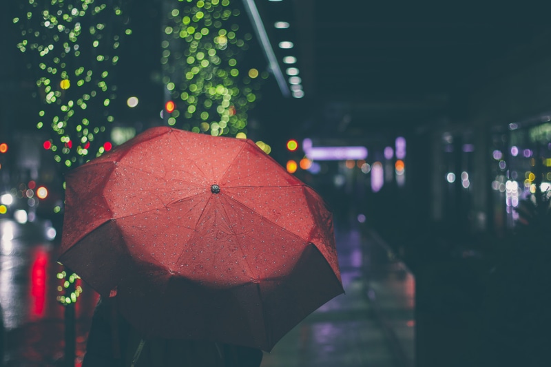 dark, holding, nature, one person, light, protection, nighttime, citylight, rain, depth of field, person, umbrella, wet, rainy season, focus on foreground