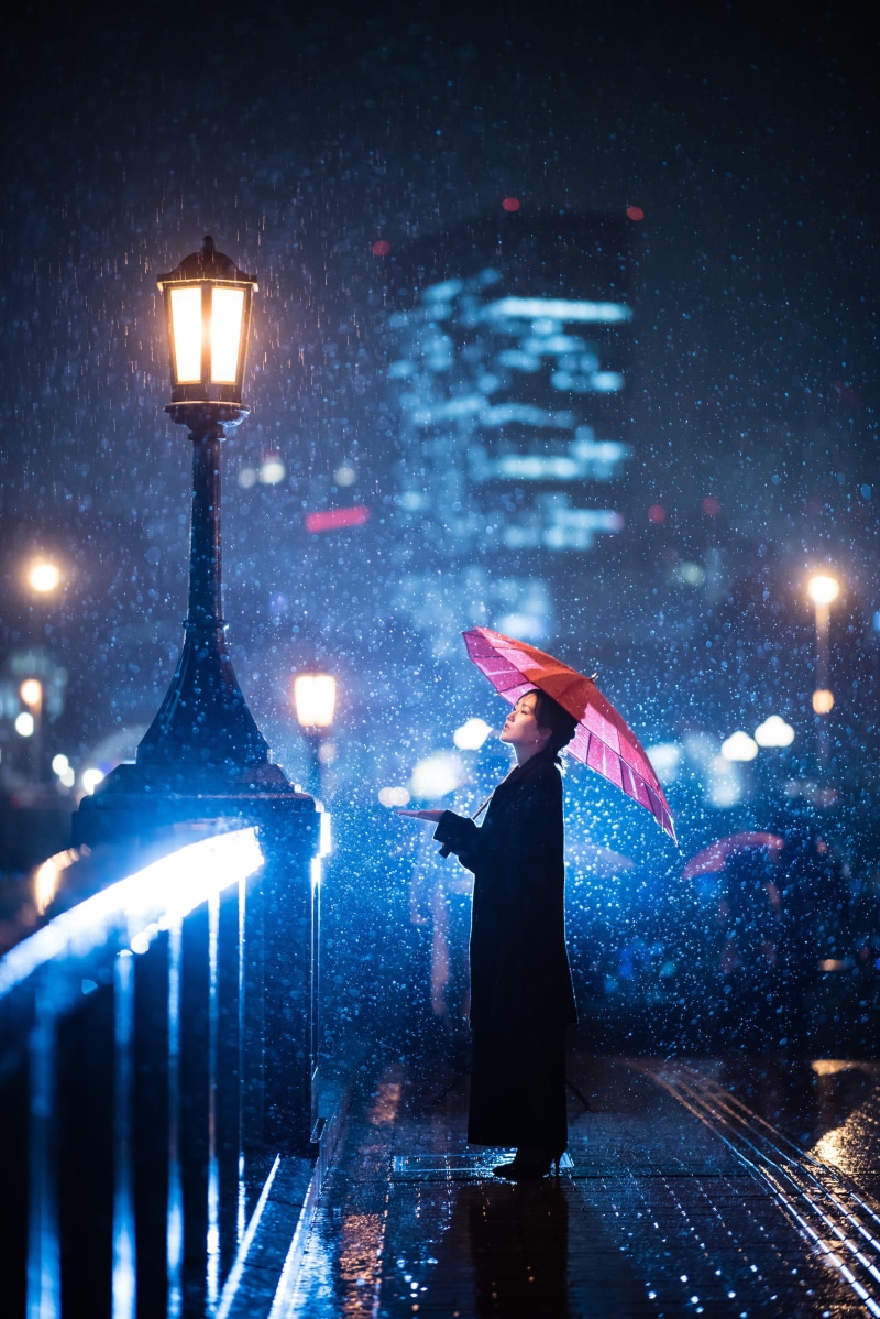 woman, bridge, street, rain, outdoors, water, rainy season, bokeh, night, protection, asian, illuminated, one person, post, girl, streetlight, real people