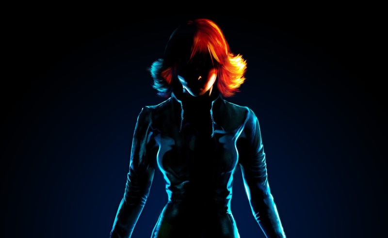 copy space, Other Games, hairstyle, Joanna, front view, Perfect, marvel, studio shot, black background, illuminated, waist up, young adult, blue