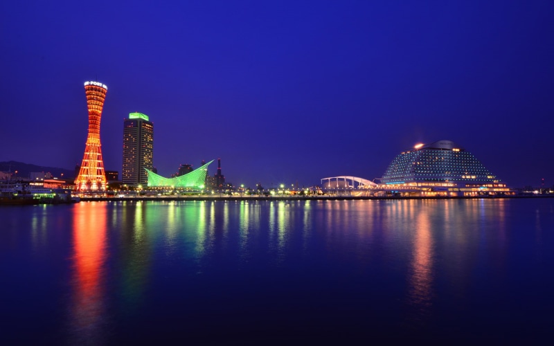 buildings, light, blue, city, honshu, tower, night, japan, reflection, sky, 1080P, kobe, port