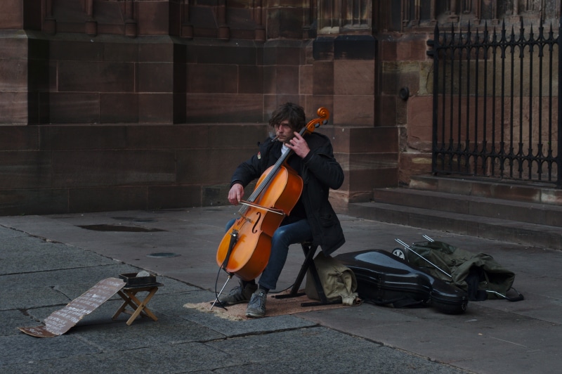 near, double bass, string instrument, street, performer, 4K, musical equipment, cellist, piano, street musician, cello, gate, outdoors, real people, arts culture and entertainment