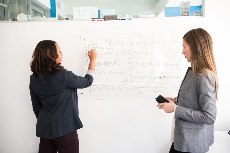 looking, writing, young adult, young women, presentation, adult, whiteboard, board, three quarter length, pointing, room, indoors, workplace, woman, cellphone