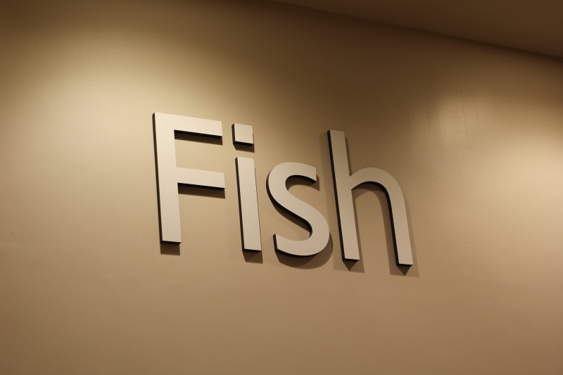 furniture, shoe shop, western script, word, indoors, wall - building feature, #fish, text, illuminated, close-up, number, logo, architecture, 5K, sign