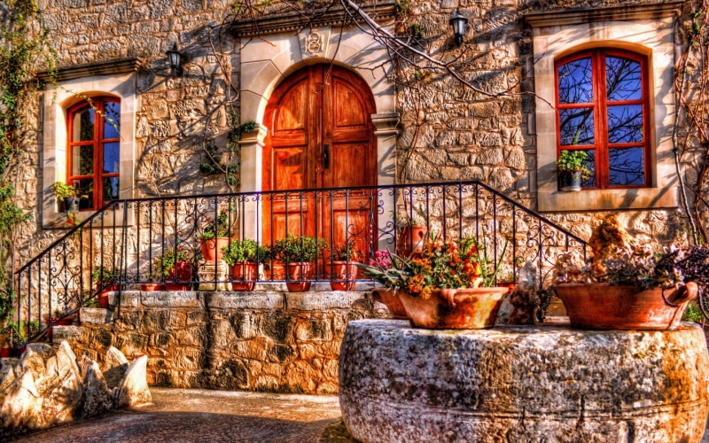 buildings, vine, plants, stone, pots, hdr, door, apartments, fence, houses, rail, 1080P, world, photography, porch, flowers, architecture, window, color