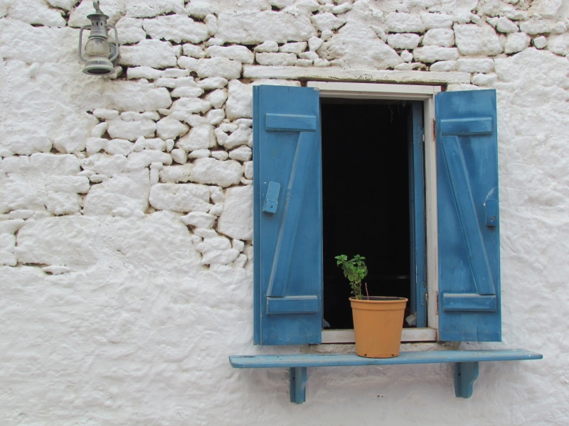 pot, corfu, wall, santorini, solid, entrance, potted plant, growth, stone wall, beach, closed, no people, village, clear water, flower, nature, wall - building feature