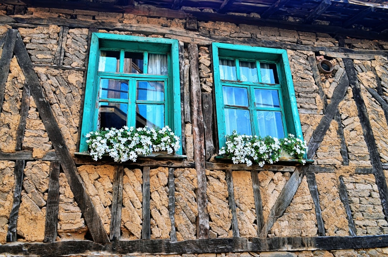 old wall, stone wall, travel, day, bricked, 4K, flower, plant, window box, wood - Material, turquoise colored, buildings, nature, on, green color, background